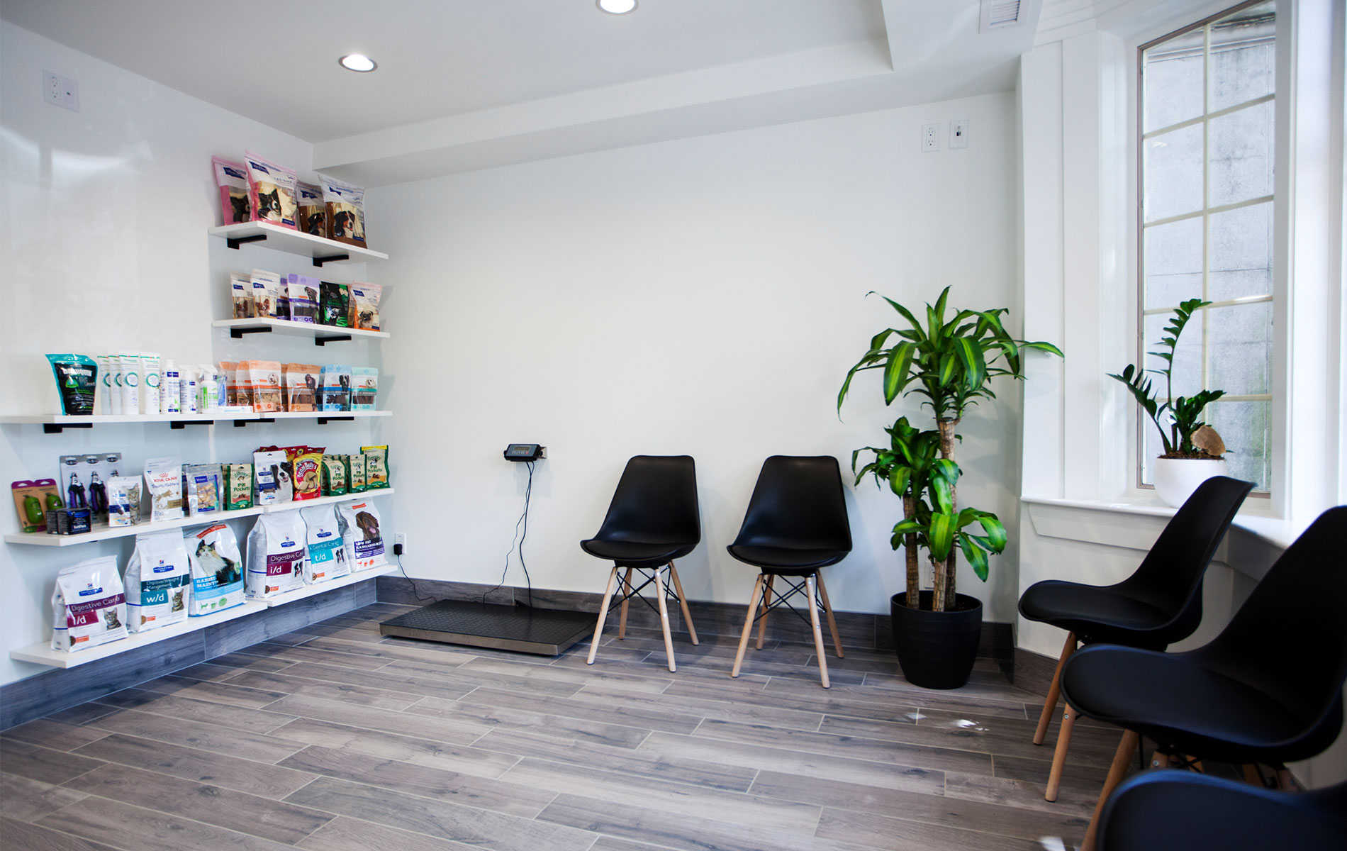 The image shows an interior space resembling a hair salon with chairs, a reception desk, and various products displayed on shelves.