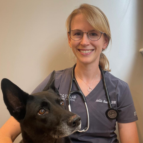 A woman wearing glasses sits next to a black dog with a white chest, both are indoors  she has short blonde hair, wears a blue scrub top with a logo on her left side, and has a stethoscope around her neck, suggesting she is a medical professional.