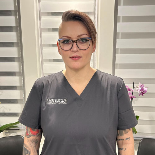A woman with tattoos stands in front of a window, wearing glasses, a stethoscope, and a grey scrub top, posing for a portrait.