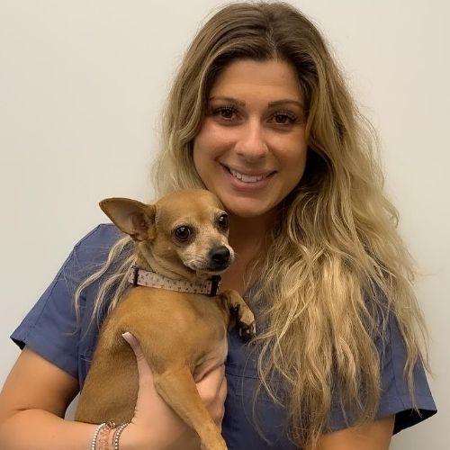 A woman holding a small dog in her arms.